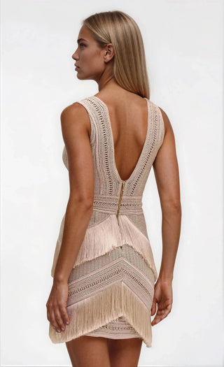 Deep V-Neck Fringe Mini Dress – Clay (Final Sale) - Glamourous Grace