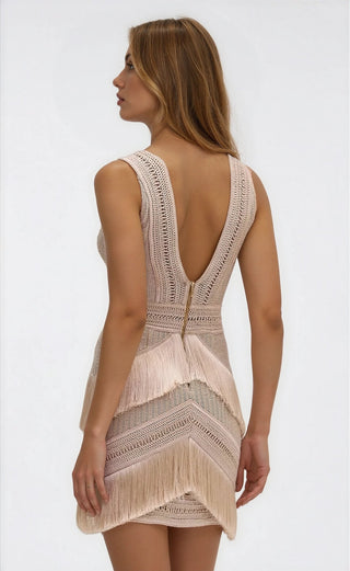 Deep V-Neck Fringe Mini Dress – Clay (Final Sale) - Glamourous Grace