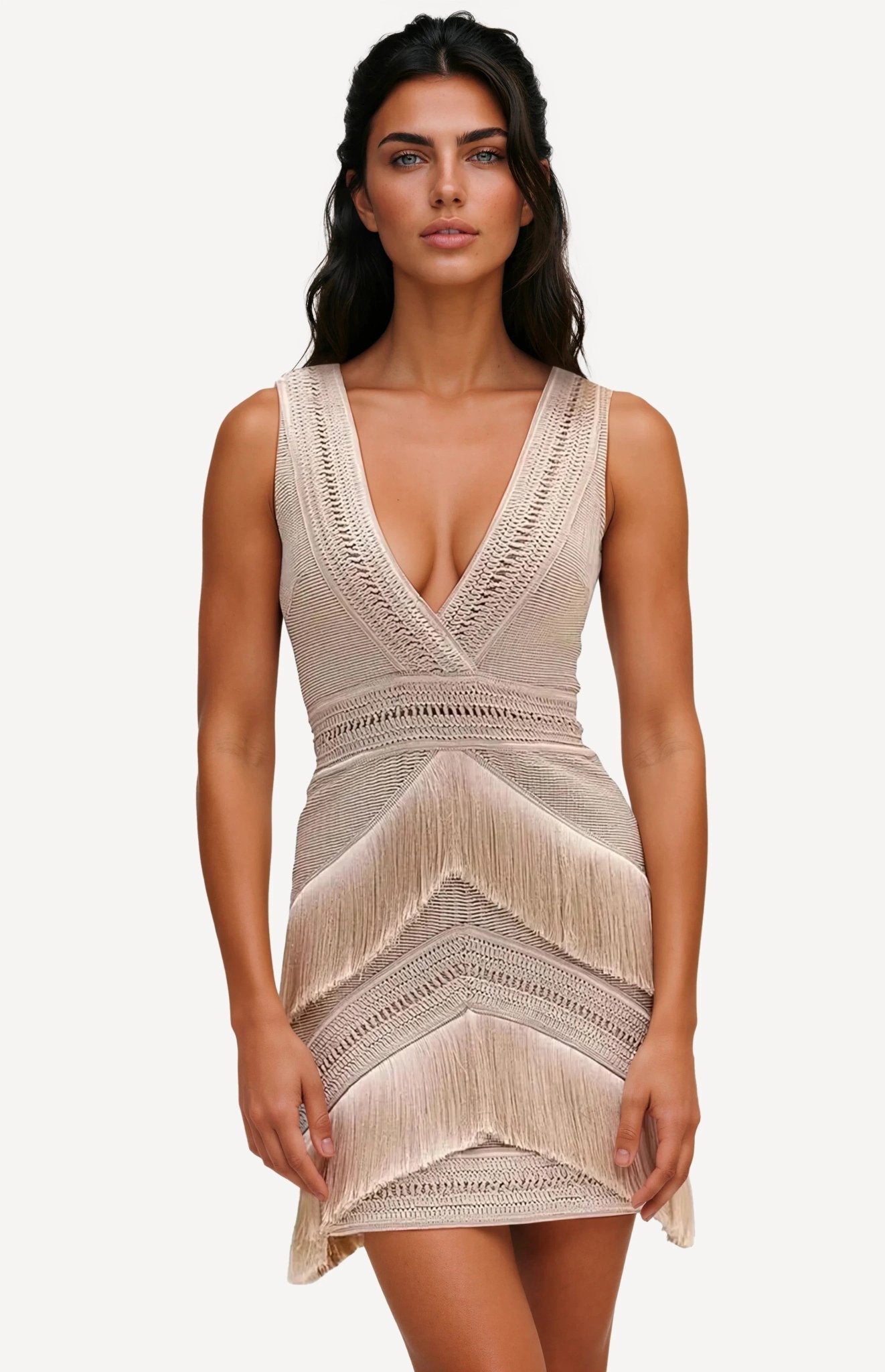 Deep V-Neck Fringe Mini Dress – Clay (Final Sale) - Glamourous Grace