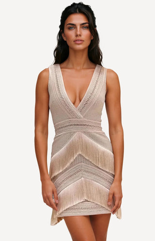 Deep V-Neck Fringe Mini Dress – Clay - Glamourous Grace