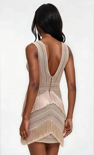 Deep V-Neck Fringe Mini Dress – Clay (Final Sale) - Glamourous Grace