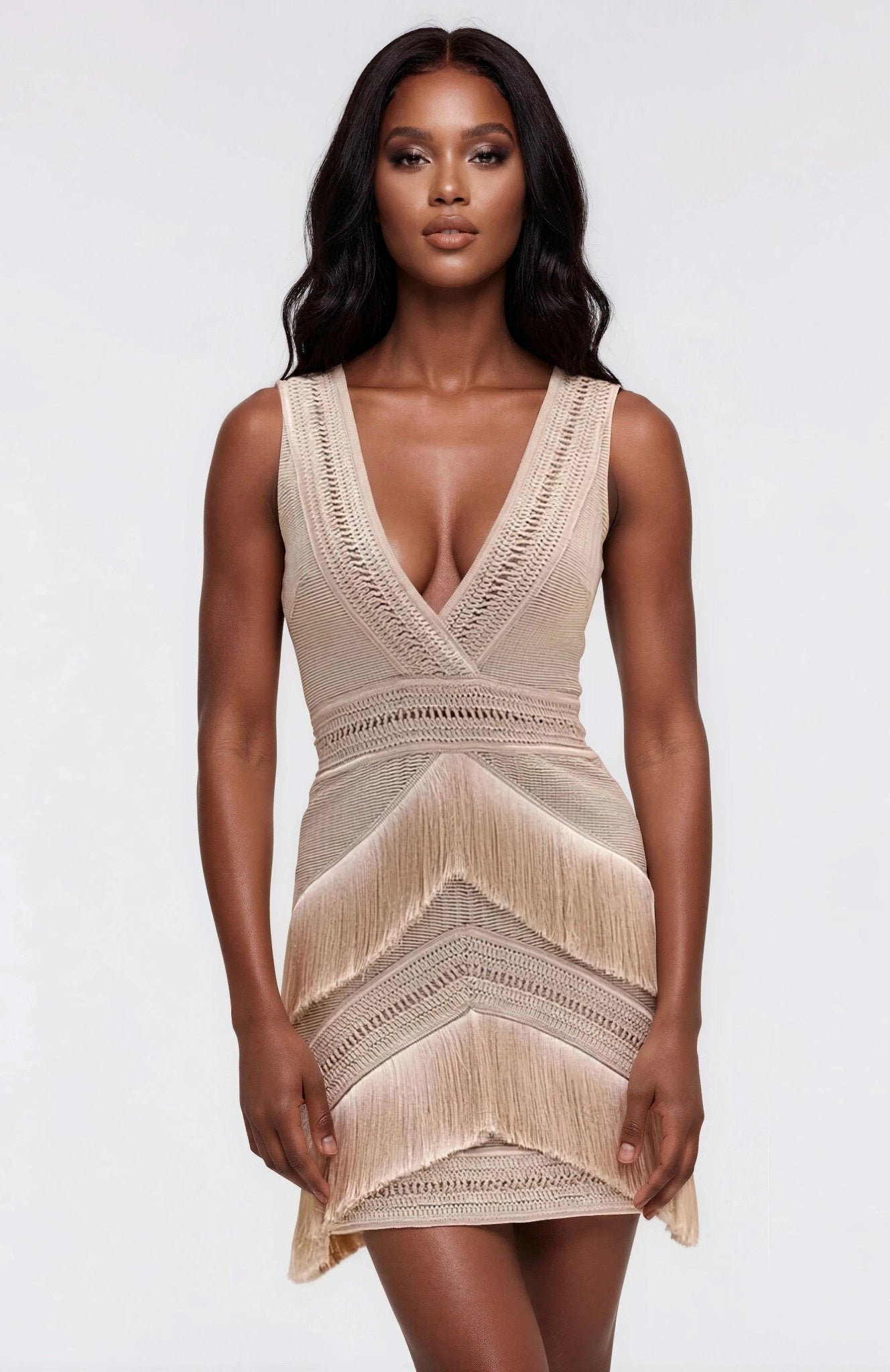 Deep V-Neck Fringe Mini Dress – Clay (Final Sale) - Glamourous Grace