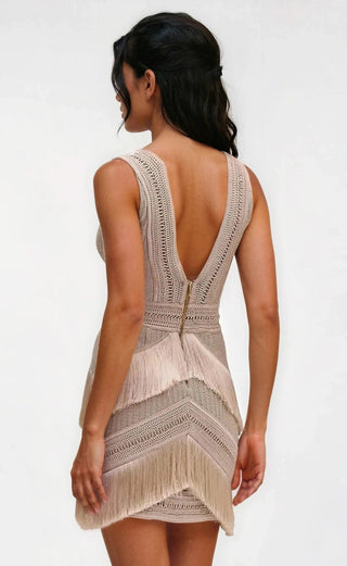Deep V-Neck Fringe Mini Dress – Clay - Glamourous Grace