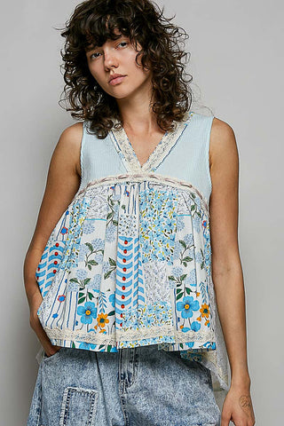 POL Floral V-Neck Sheer Tank with Lace Trim in Soda Candy - Glamourous Grace