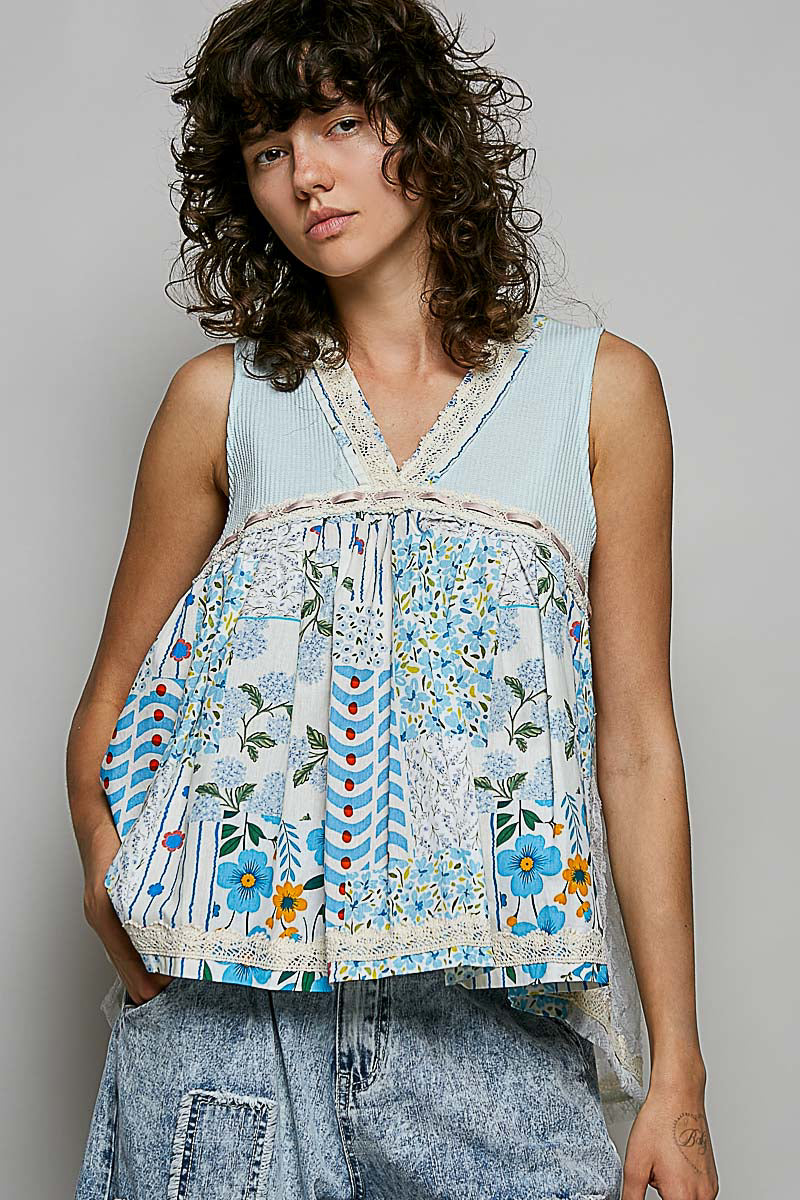 POL Floral V-Neck Sheer Tank with Lace Trim in Soda Candy - Glamourous Grace