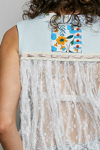 POL Floral V-Neck Sheer Tank with Lace Trim in Soda Candy - Glamourous Grace