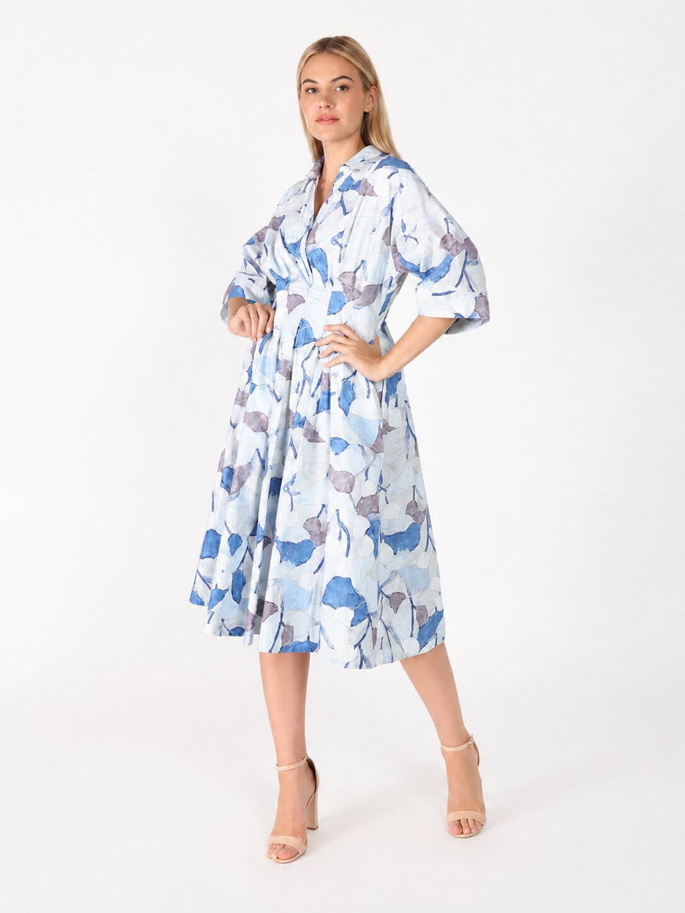 Dolman Sleeve Pleated Waist Printed Dress