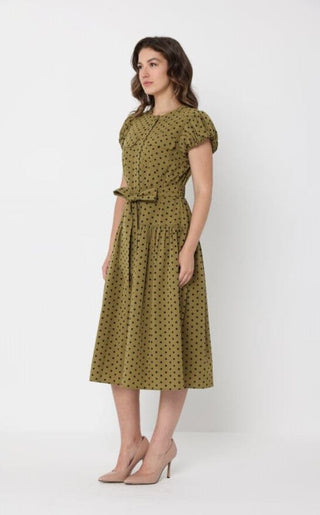 Dot Print Front Pocket with Belt Dress
