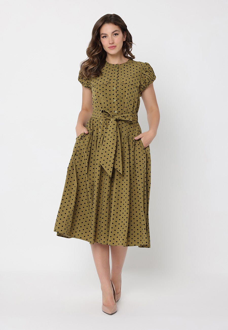 Dot Print Front Pocket with Belt Dress - Glamourous Grace