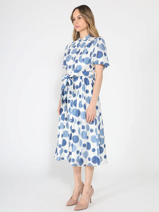 Dot print puff sleeve elastic back midi dress