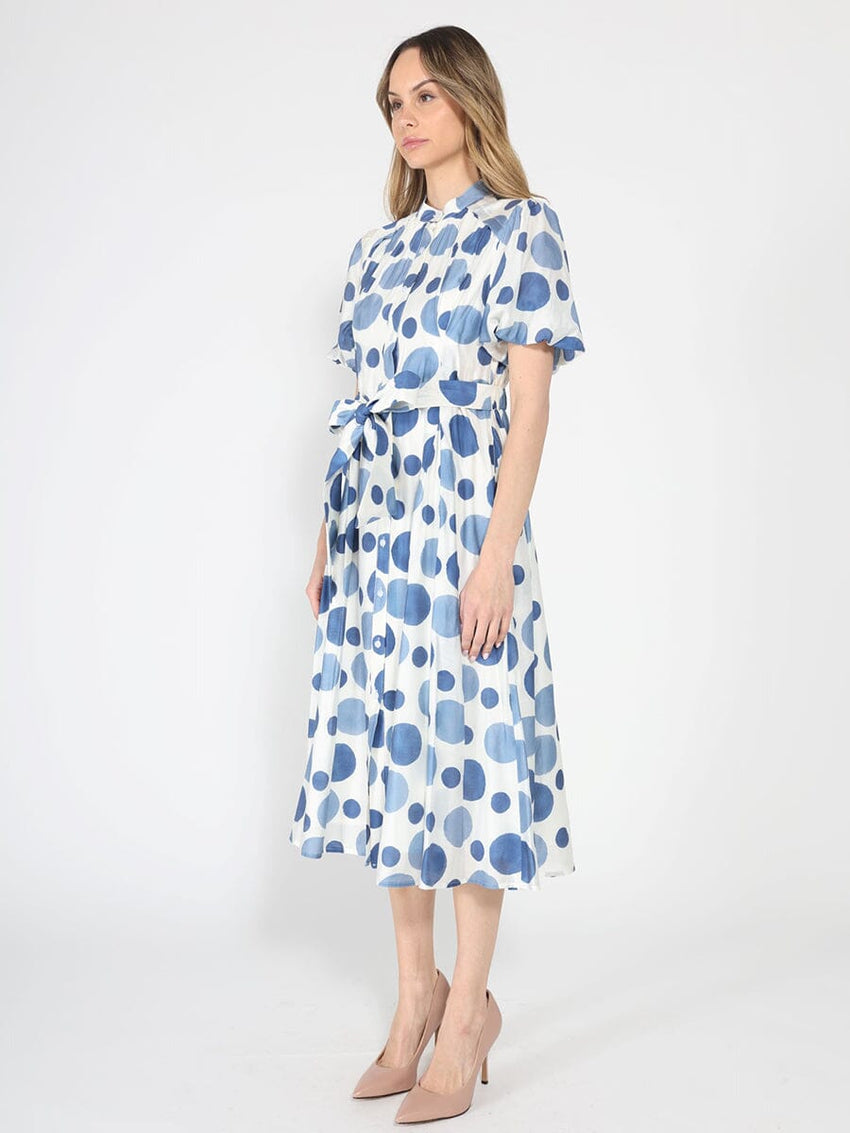 Dot print puff sleeve elastic back midi dress