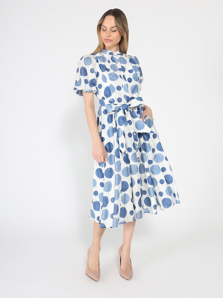 Dot print puff sleeve elastic back midi dress