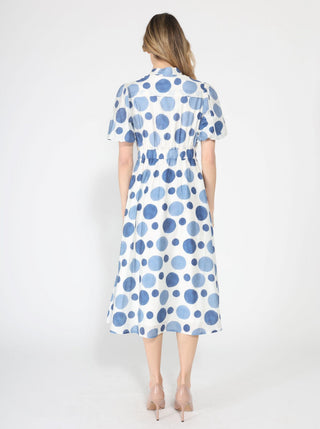 Dot print puff sleeve elastic back midi dress