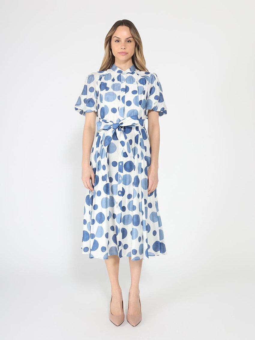 Dot print puff sleeve elastic back midi dress