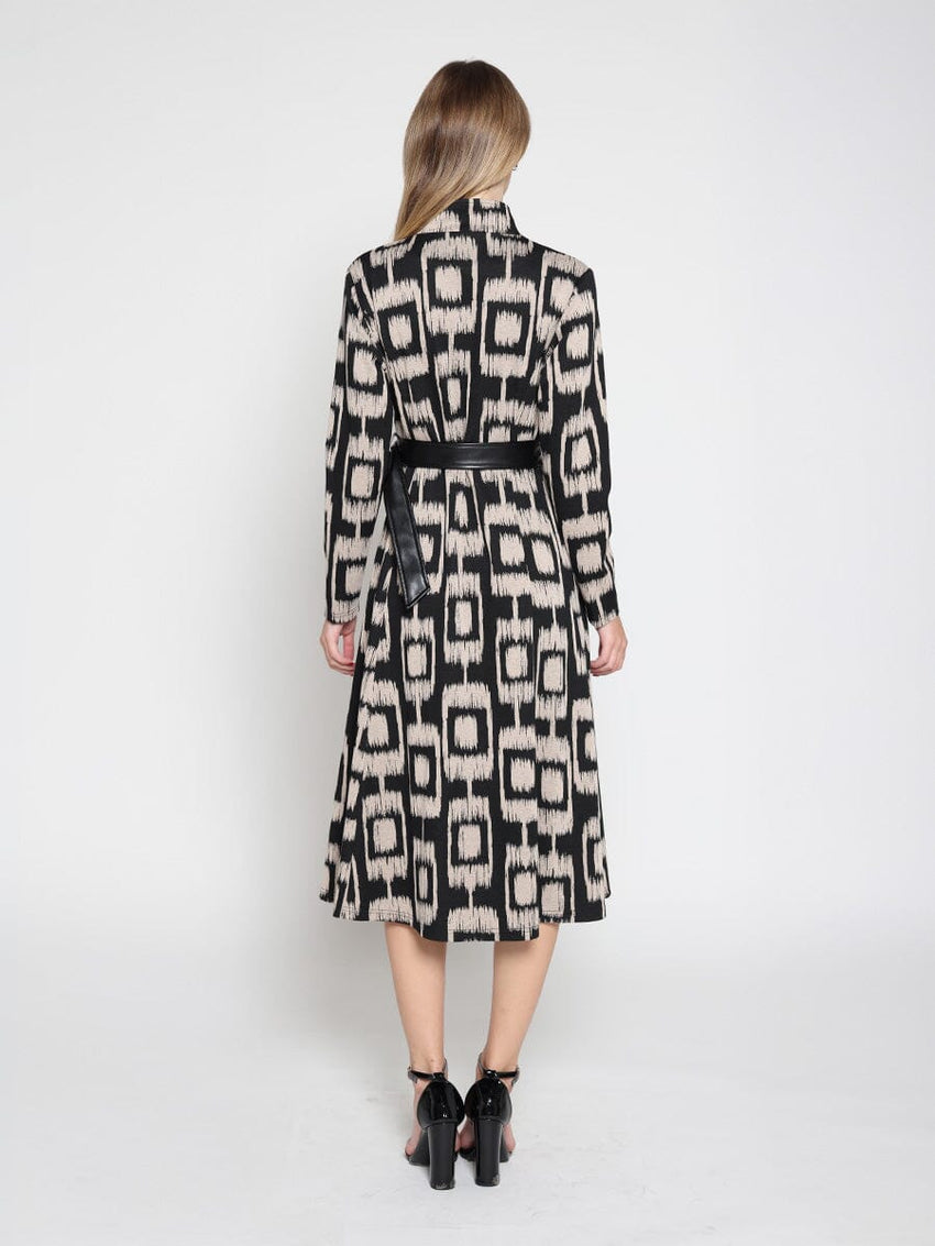 Double Breasted Long Sleeve Belted Print Dress