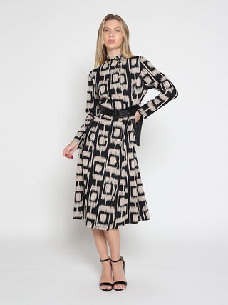 Double Breasted Long Sleeve Belted Print Dress