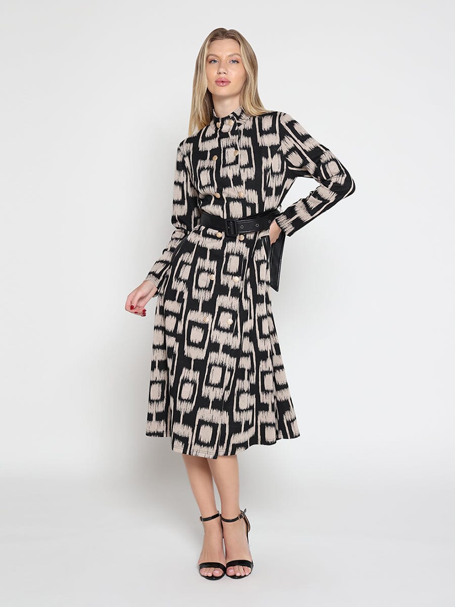 Double Breasted Long Sleeve Belted Print Dress - Glamourous Grace