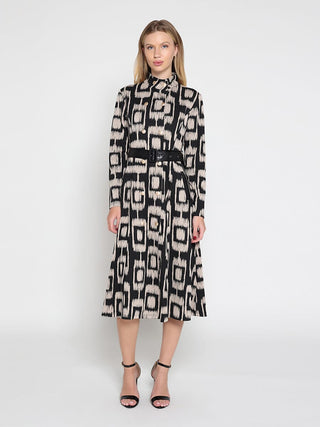 Double Breasted Long Sleeve Belted Print Dress