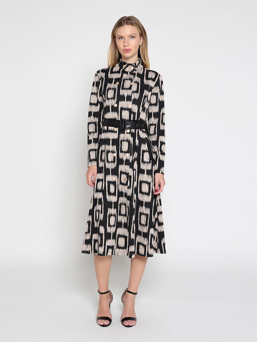 Double Breasted Long Sleeve Belted Print Dress - Glamourous Grace