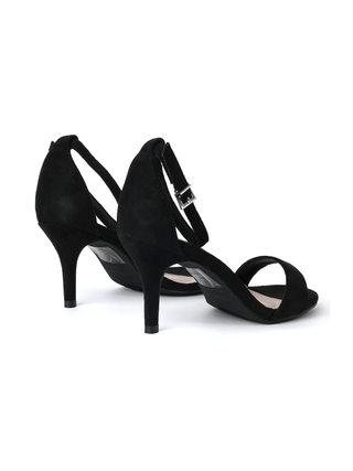 J.Adams black suede heels with pointed toes and stiletto heels, showcasing sleek, elegant footwear design.