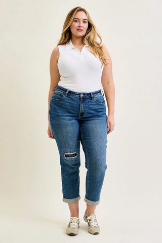 Judy Blue Mid Rise Embroidered Repair Patch Boyfriend Denim Jeans 881071