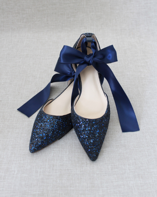 Rock Glitter Pointy Toe Flats with Satin Ankle Tie or Ballerina Lace Up