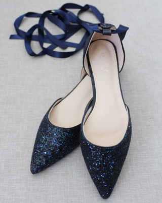 Rock Glitter Pointy Toe Flats with Satin Ankle Tie or Ballerina Lace Up