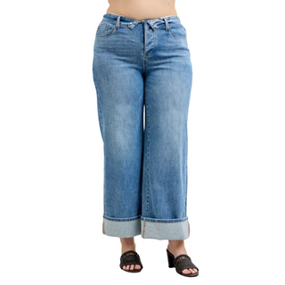 Judy Blue Mid Rise Fold Over Waistband Straight Denim Jeans 881100
