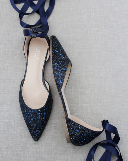 Rock Glitter Pointy Toe Flats with Satin Ankle Tie or Ballerina Lace Up