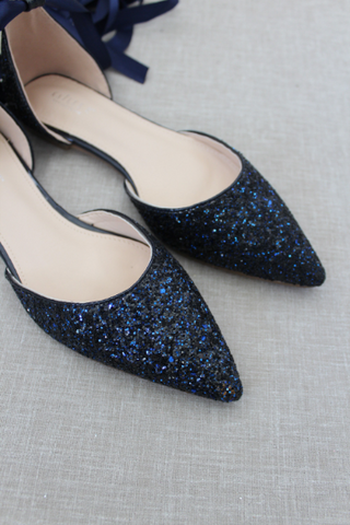 Rock Glitter Pointy Toe Flats with Satin Ankle Tie or Ballerina Lace Up