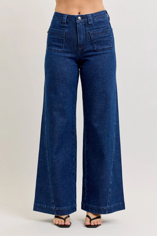 Judy Blue High Waist Patch Pockets & Twisted Seam Retro Wide Leg Denim Jeans 881092