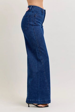 Judy Blue High Waist Patch Pockets & Twisted Seam Retro Wide Leg Denim Jeans 881092