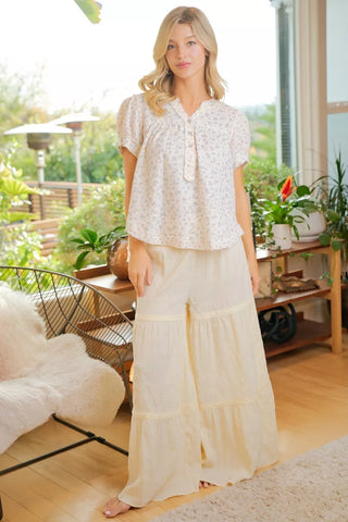 BiBi Floral Crinkle Neckdrop Short Sleeve Blouse Top - Glamourous Grace