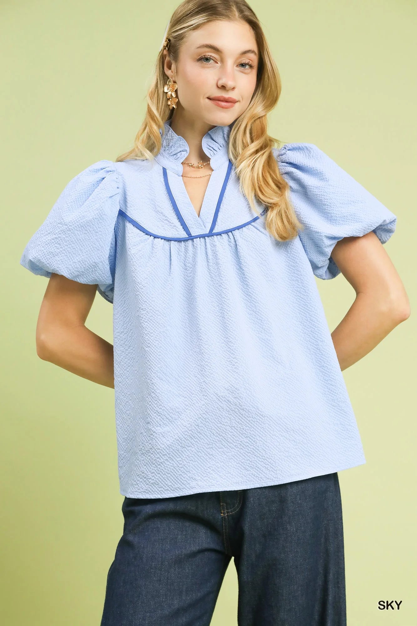 Umgee Textured Puff Sleeve Blouse in Sky - Glamourous Grace