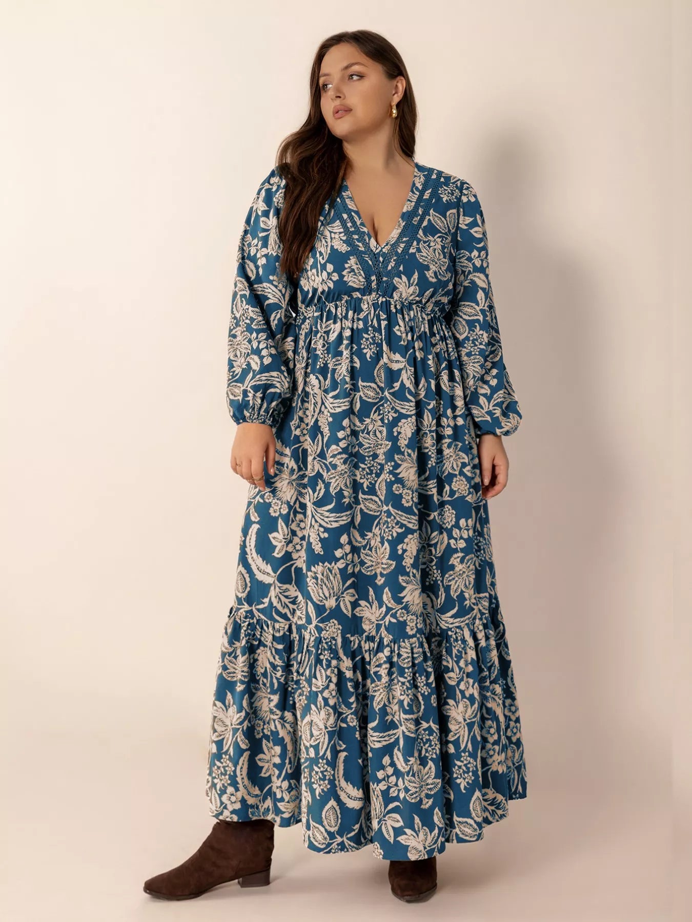 Plus Size Boho Floral Print Long Sleeve Maxi Dress - Glamourous Grace
