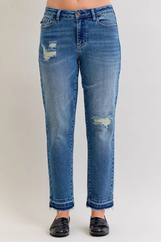 Judy Blue Mid Rise Patch & Repair Destroy Release Hem Boyfriend Jeans