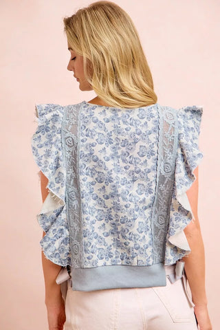 BiBi Floral Printed Twill Lace Trim Detail Side Bow Tied Top - Glamourous Grace