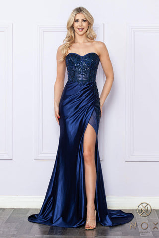 Nox Anabel E1284 Sweetheart Sequin Bodice with Ruched Hip Dress