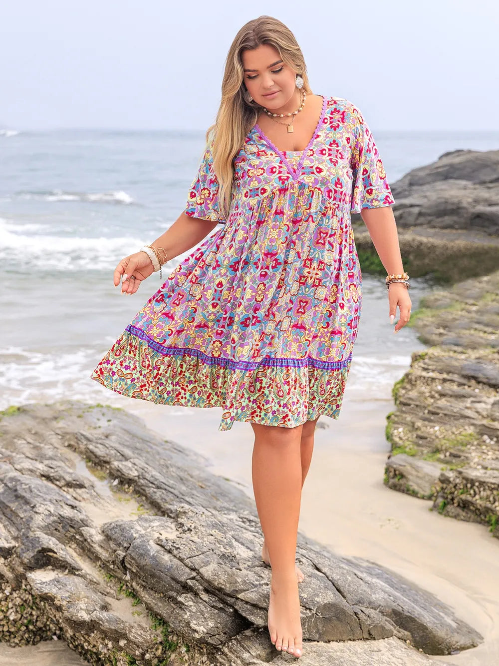 Plus Size Lace Detail Printed Half Sleeve Dress - Glamourous Grace