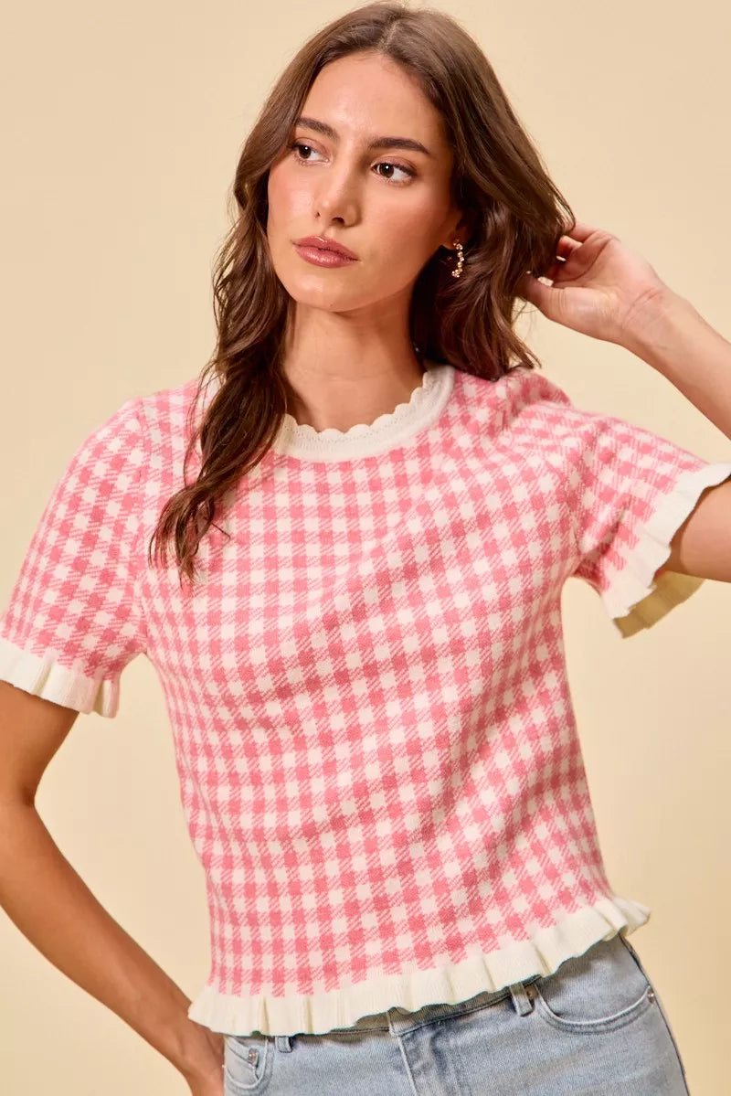 SO ME Gingham Knit Ruffled Short Sleeves Sweater Top - Glamourous Grace