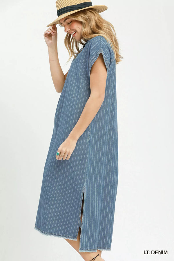 Umgee Pinstripe Denim Collared Midi Dress with Side Slits - Glamourous Grace