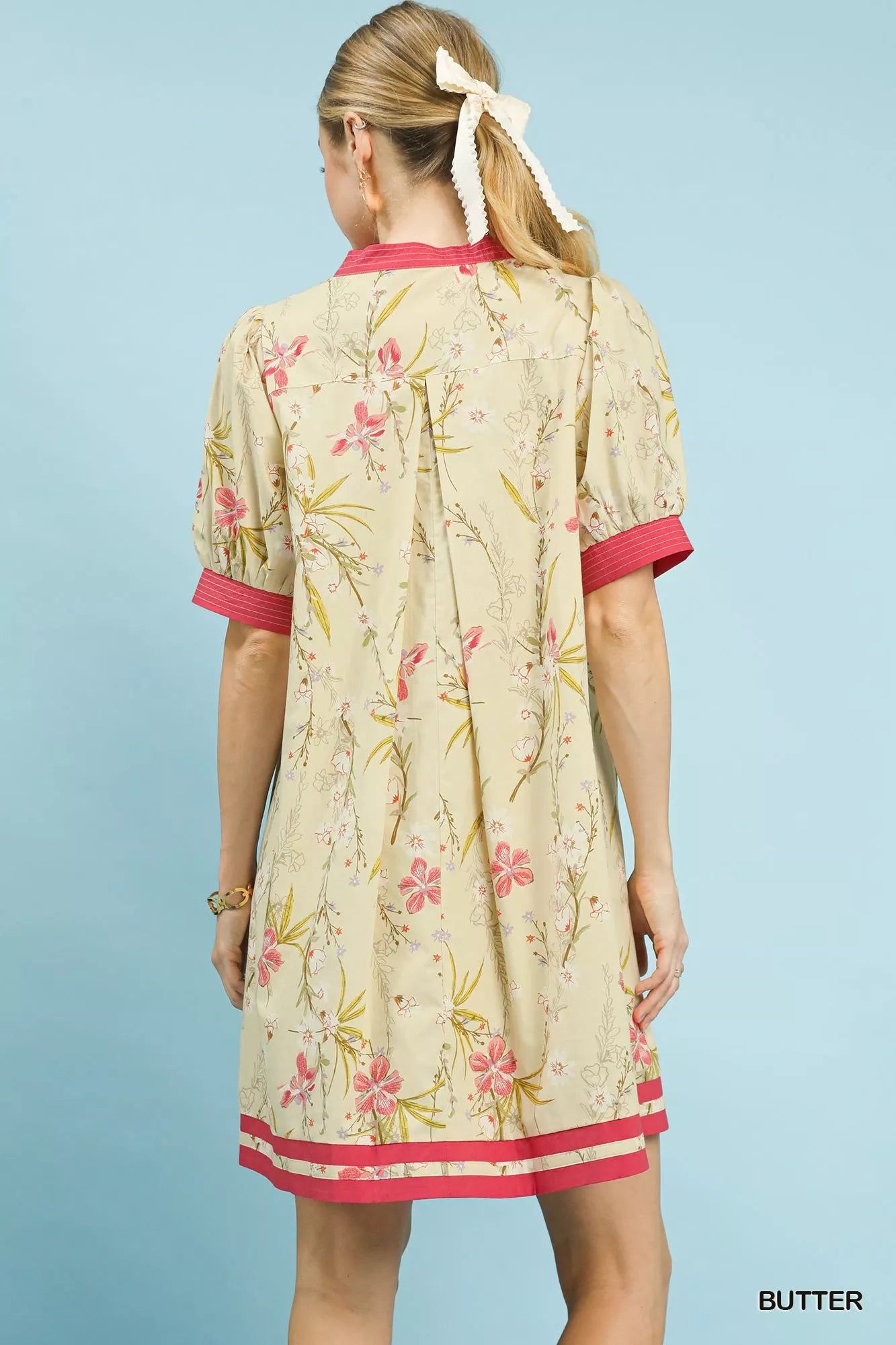 Umgee Floral Puff Sleeve Dress with Contrast Trim - Glamourous Grace