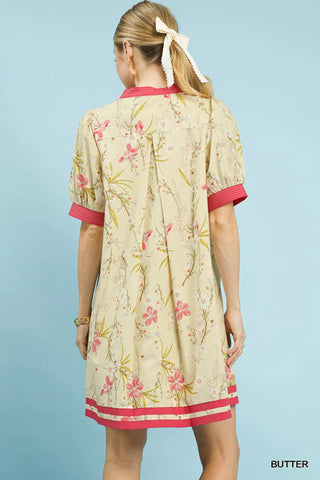 Umgee Floral Puff Sleeve Dress with Contrast Trim - Glamourous Grace