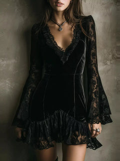 Velvet Lace Trim V-Neck Mini Dress