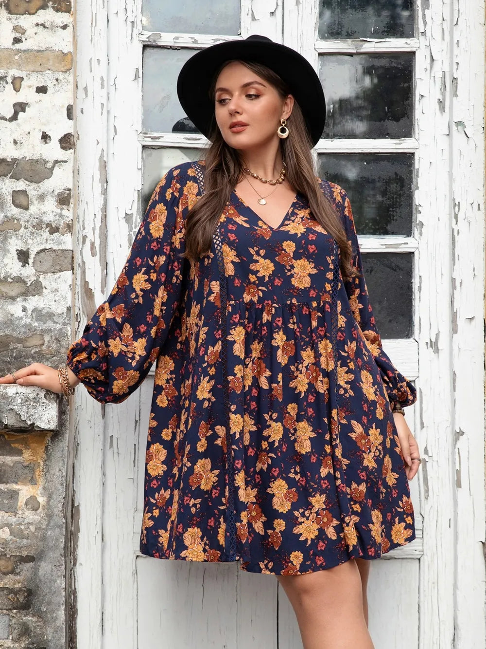 Plus Size Floral V-Neck Balloon Sleeve Dress - Glamourous Grace