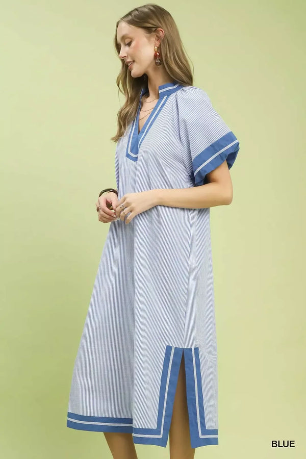 Umgee Pinstripe Contrast Trim Midi Dress - Glamourous Grace