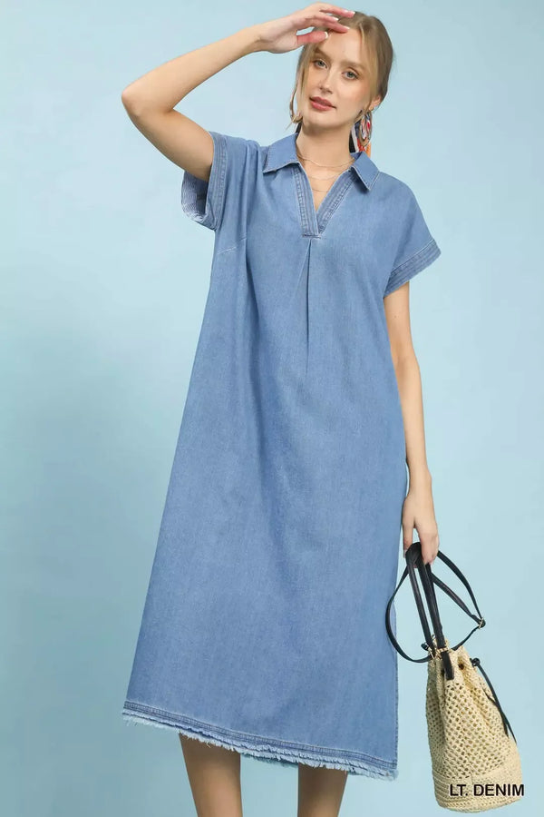 Umgee Stone Washed Collared Denim Midi Dress - Glamourous Grace