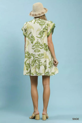 Umgee Toile Print Button-Front Placket Mini Dress with Dropped Ruffle Hem - Glamourous Grace