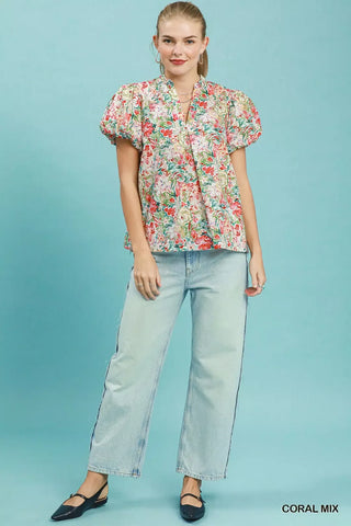 Umgee Floral Puff Sleeve Blouse in Coral - Glamourous Grace
