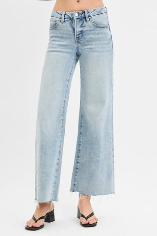 RISEN Tummy Control Low Rise Wide Leg Raw Cut Hem Jeans